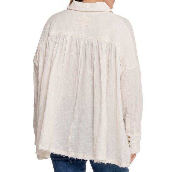 free people SML Cardiff Drop Sleeve Button Front Oversized High Low Shirt - Picture 2 of 11